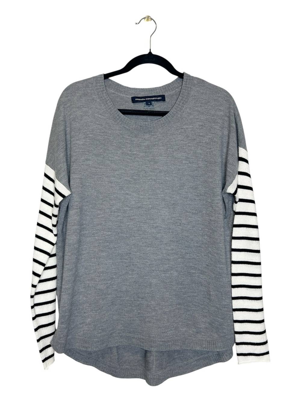 French Connection Gray with Striped Sleeve Sweater Top size Large